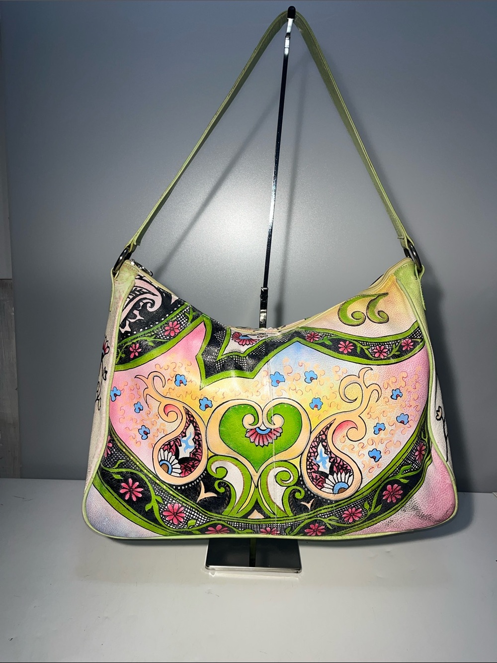 BIACCI Hand painted Leather Boho Floral Heart Shoulder Bag